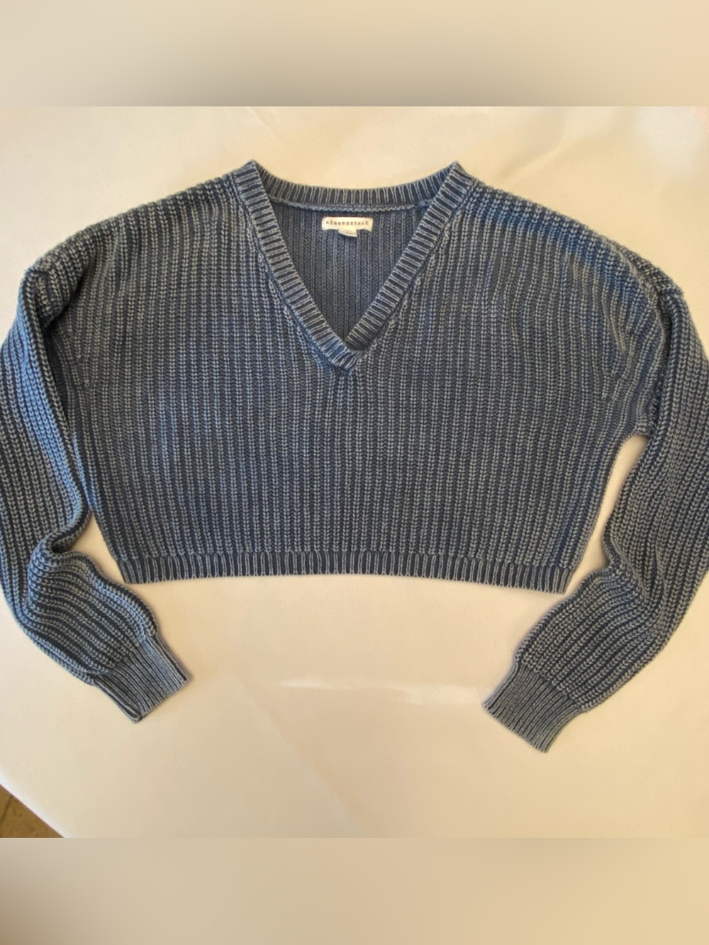 Aeropostale Slate Blue Ribbed V-Neck Cropped Sweater